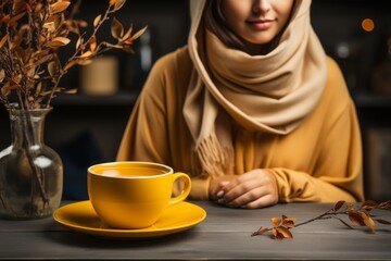 Cozy winter setting. person enjoying a hot steaming cup of tea on a chilly day - 748163701