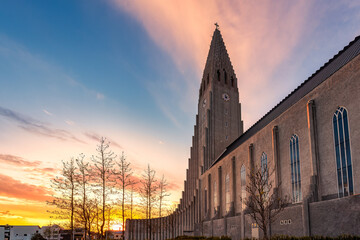 Hallgrimskirkja largest church in centre of Reykjavik downtown during the sunset at Iceland