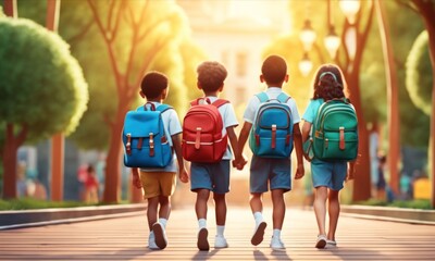 Obraz premium Back to school concept. Many children with backpacks coming back to school. Boys and girls with rucksacks jumping in the park near school. Pupils with books and backpacks outdoors. Cartoon style
