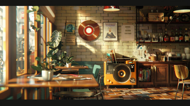 A hidden gem tucked away in a bustling city this coffee shop boasts a vintage vibe with its charming decor and collection of vinyl records. The record player strategically