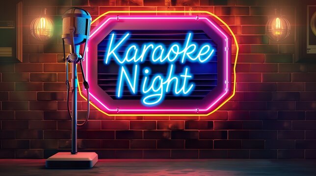 Funky neon Sign saying 'Karaoke Night' on a rustic background with a vintage microphone on a stand,  Graphic illustration