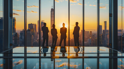 Businessmens look out the window at the big city against the backdrop of sunset. The office has...
