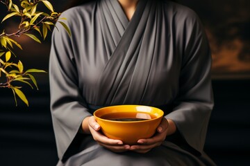 Close up view of person holding a steaming cup of delicious and aromatic herbal tea - 748163918