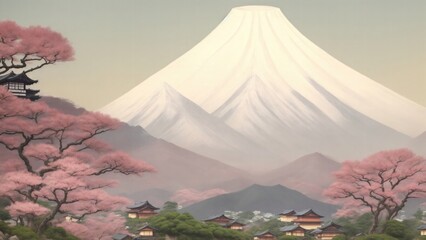 A painting of a Japanese landscape with a mountain and a Japanese house