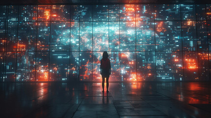 In a darkened room a lone figure stands before a towering holographic screen displaying a 3D representation of global economic activity. The screen is divided into sections