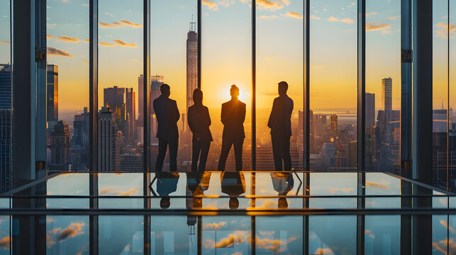 Businessmens look out the window at the big city against the backdrop of sunset. The office has huge windows and lots of sunlight.