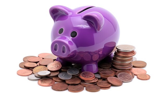 A Purple piggy bank surrounded by coins on a white background