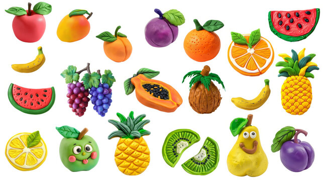 A collection of various fruits made of multicolored plasticine. 3D three-dimensional shapes. DIY for children, children's crafts. Isolate
