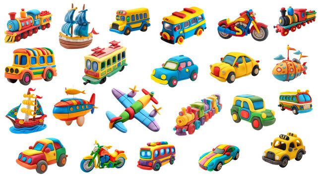 A collection of various vehicles, cars, aircraft, train, tram, train, helicopter, airship made of multicolored plasticine. 3D three-dimensional shapes. DIY for children, children's crafts. Isolate