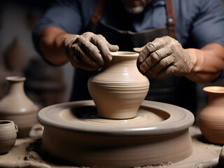 Fototapeta na wymiar Pottery Studio Clay-covered hands shaping a vase on a potter’s wheel