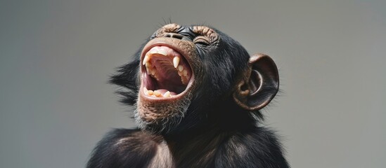 portrait a chimpanzee primate laughing broadly on a gray background. Generated AI image - obrazy, fototapety, plakaty