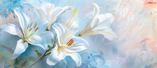 Fototapeta na wymiar Symbolizing gentleness, purity, and virtue, a close-up of beautiful white lilies forms the background.