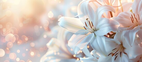 Symbolizing gentleness, purity, and virtue, a close-up of beautiful white lilies forms the background.