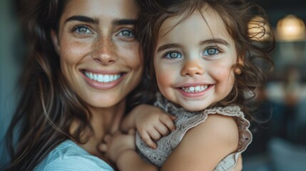 Fototapeta premium a woman holding a little girl who is wearing a blue dress and smiling at the camera with a white smile on her face.