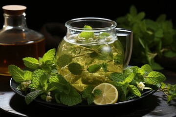 Refreshing lemon and mint tea in a serene rustic wooden setting for relaxation and wellness - 748164967