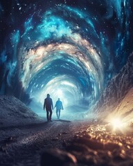 Obraz premium Travelers navigate a fantasy tunnel their path lit by the ethereal glow of a warp gate promising passage to unknown realms