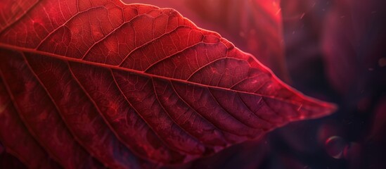 A detailed view of a vibrant red leaf set against a dark, contrasting background. The leafs texture and color stand out in this close-up shot, showcasing its intricate veins and rich hue.