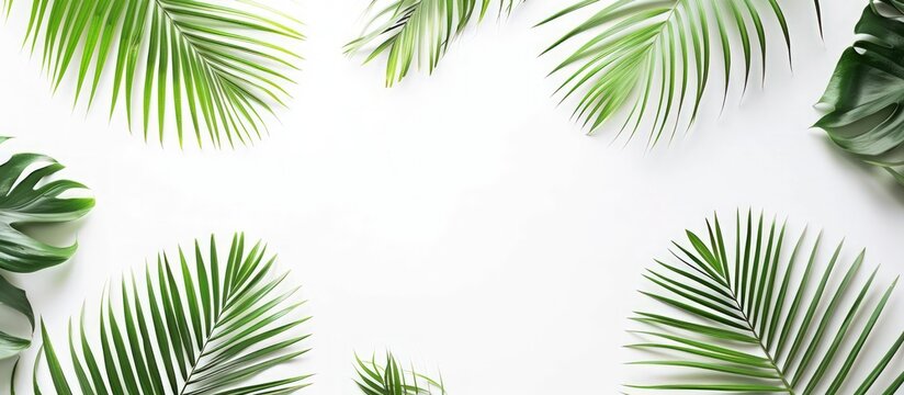 Top view tropical palm leaves on copy space white background. AI generated image