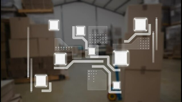 Animation of white shapes with connections over warehouse