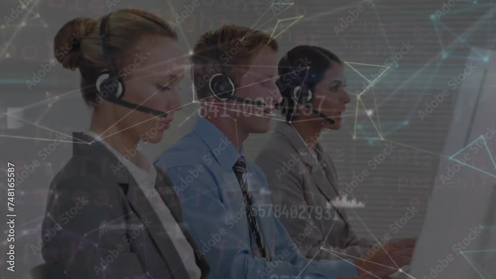 Poster animation of network of connections with data processing over caucasian colleagues working in office