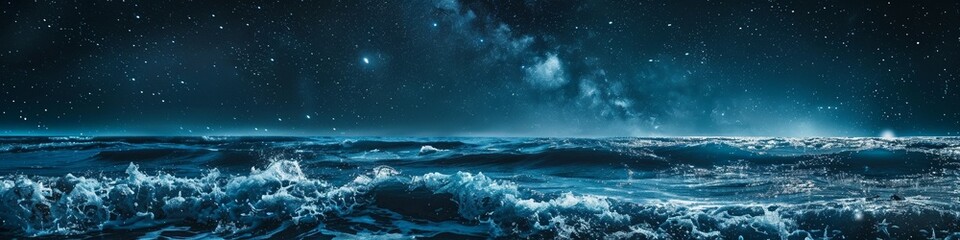 Starry night seas waves glittering under a celestial canopy merging the oceans depths with the galaxys expanse - obrazy, fototapety, plakaty