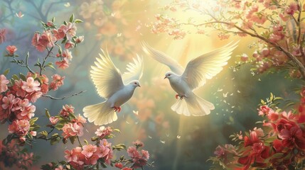 Tranquil Easter painting with doves ascending above a sunrise embodying peace and new beginnings amidst spring blossoms - obrazy, fototapety, plakaty