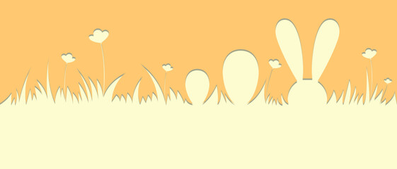Easter pattern with bunnies and easter eggs. Hand drawn easter horizontal background with bunnies, flowers, easter eggs.