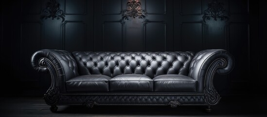 A black and white photograph showcases a sleek leather sofa in a dimly lit room. The intricate stitching on the upholstery is highlighted, adding depth to the image.
