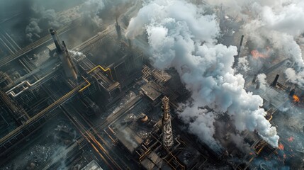 Aerial perspective, the power plant's towering pipes release black smoke into the atmosphere, contributing to pollution. Ecology concept. AI-generated.