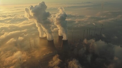 Aerial perspective, the power plant's towering pipes release black smoke into the atmosphere, contributing to pollution. Ecology concept. AI-generated. - 748165978