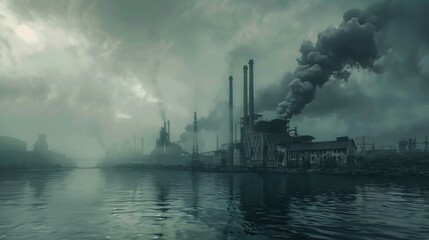 Aerial perspective, the power plant's towering pipes release black smoke into the atmosphere, contributing to pollution. Ecology concept. AI-generated. - obrazy, fototapety, plakaty