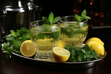 Relaxing with a refreshing cup of lemon and mint tea on a rustic, weathered wooden table - 748166137