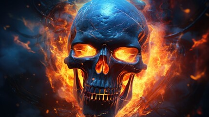 human skull in fire. death and hell. human skeleton and flame.