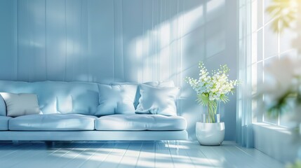 The modern living room showcases light blue ocean accents, sofas, and furniture against a blurred, bright background, accentuated with sofas and flowers. It's a wide panorama