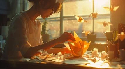 Foto op Canvas A close-up of a skilled paper artist creating intricate origami sculptures in a sunlit room realistic stock photography © Kashif Ali 72