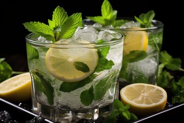 Refreshing glass of water with lemon, ice, and straw, served in tall glass, evoking mojito cocktail - 748166386
