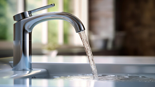 A faucet in a kitchen with water pouring down into the basin. The image showcases the importance of saving drinking water and promoting ecology through the conservation of resources