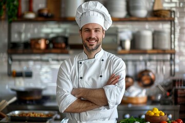 Confident chef with arms crossed smiling in a well-equipped commercial kitchen