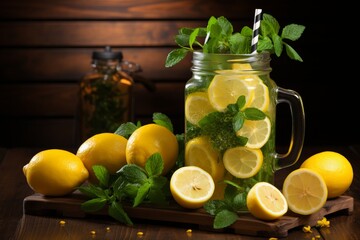 Refreshing glass of water with lemon and ice, served in tall glass with straw, like mojito - 748166557
