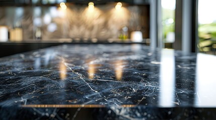 A kitchen room interior background featuring an empty black marble table for product display.
