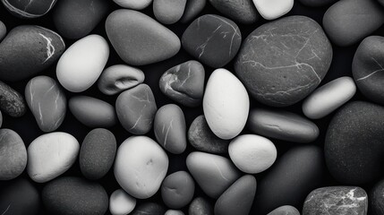 Black and white pebbles background. Black and white stones. Travel and vacation concept with copy space. Spa Concept.