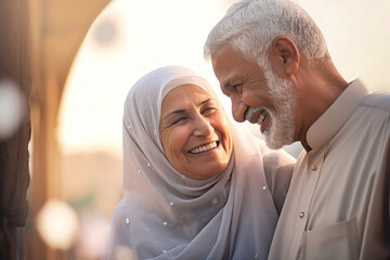 An elderly oriental man and woman share a smile, expressing love and affection towards each other