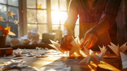 A close-up of a skilled paper artist creating intricate origami sculptures in a sunlit room realistic stock photography - obrazy, fototapety, plakaty