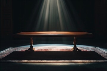 Solitary Table Bathed in Divine Light: A Symbolic Scene of Reflection and Decision-Making - obrazy, fototapety, plakaty