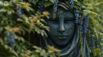 a close up of a statue of a woman's face with blue flowers on her head and leaves on her head.