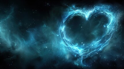 a blue heart shaped object in the middle of a space filled with stars and dust, with a black background.
