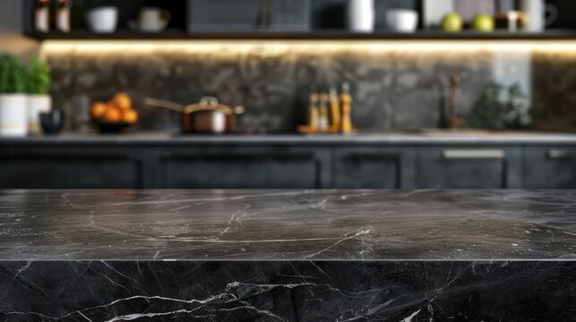 A kitchen room interior background featuring an empty black marble table for product display.