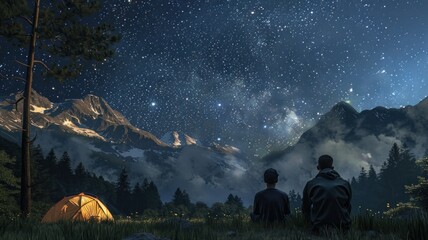 A 3D illustration of a father and child setting up camp under a starry sky