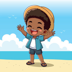 Niño con sombrero feliz jugando en la playa en un dia soleado