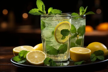 Refreshing summer beverage with lemon, ice, and straw in tall glass, reminiscent of a mojito - 748167174